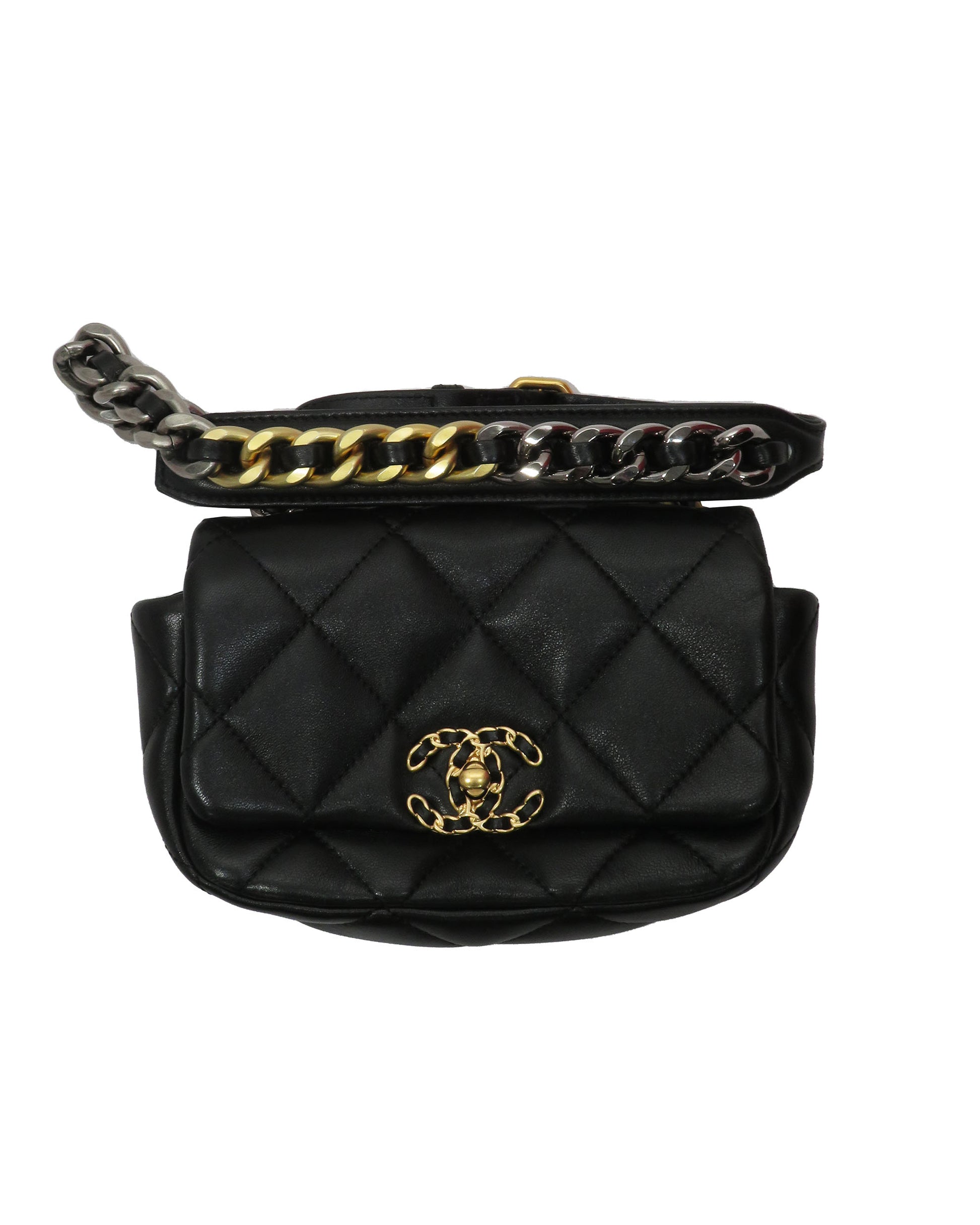 Black quilted handbag with gold chain strap and logo on a white background