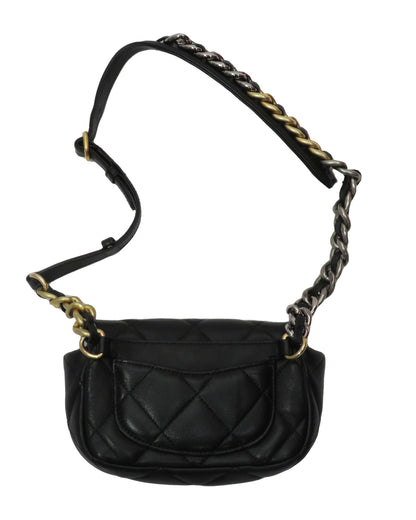 Black quilted handbag with braided gold chain strap on a white background
