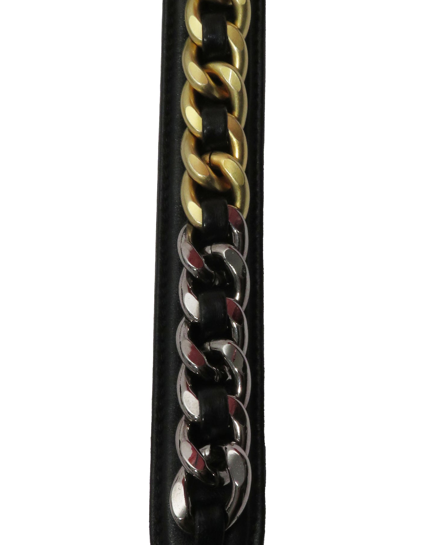 Close-up of a black leather strap with gold and silver chain links on a white background