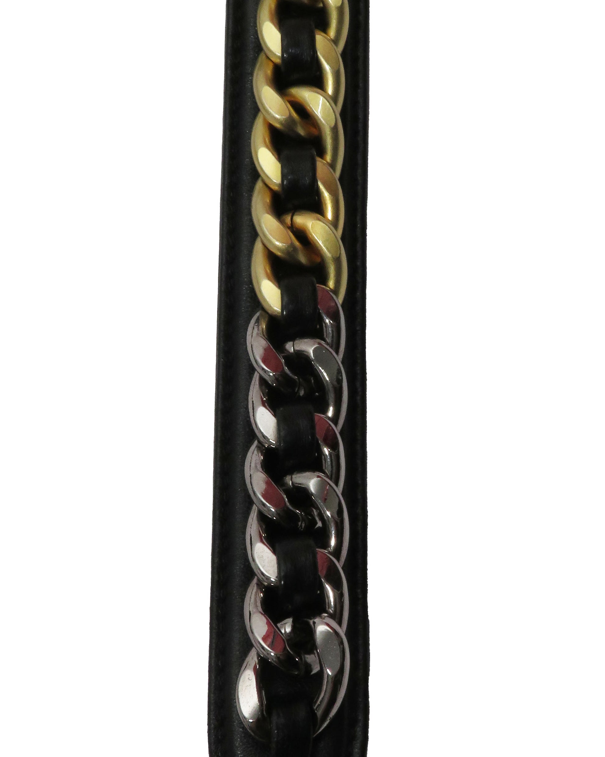 Close-up of a black leather strap with gold and silver chain links on a white background