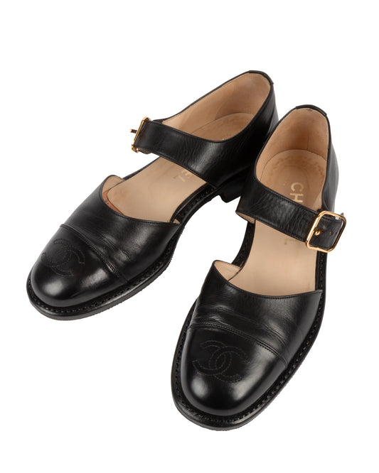 Chanel Black Leather Mary Jane Cutout Flats - vothe archive - curated designer vintage

