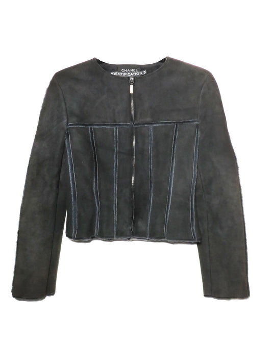 Chanel FW1999 Grey Suede Lambskin Panel Jacket with Chanel branding on a white background