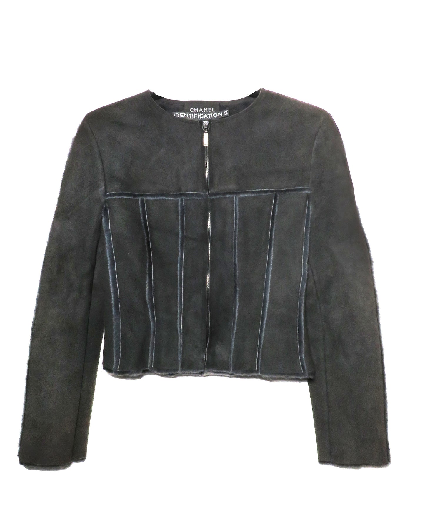 Black leather jacket with Chanel branding on a white background