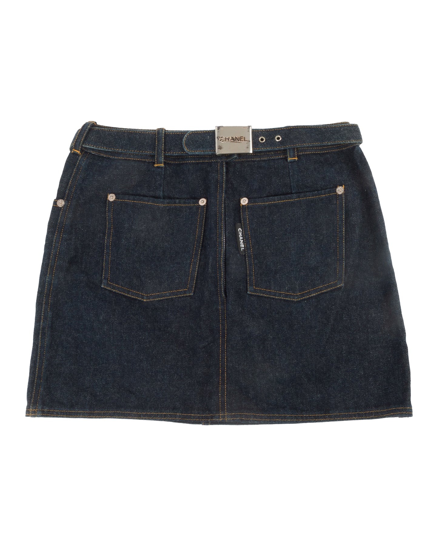 A navy-colored denim mini skirt with contrast stitching and a silver-toned logo belt buckle.