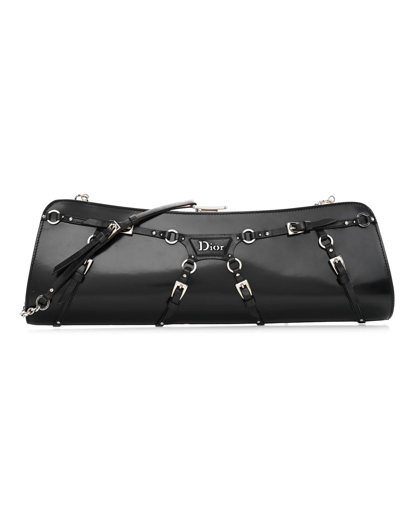 Black patent calfskin clutch with buckle and strap bondage detailing, silver-tone hardware, and a chain strap.