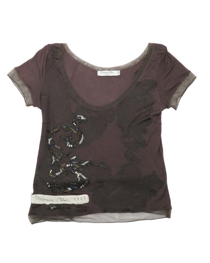 Brown t-shirt with sequin design on a white background