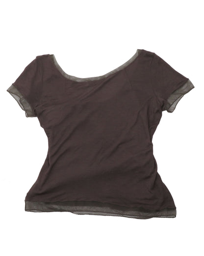 Brown t-shirt with sheer sleeves on a white background