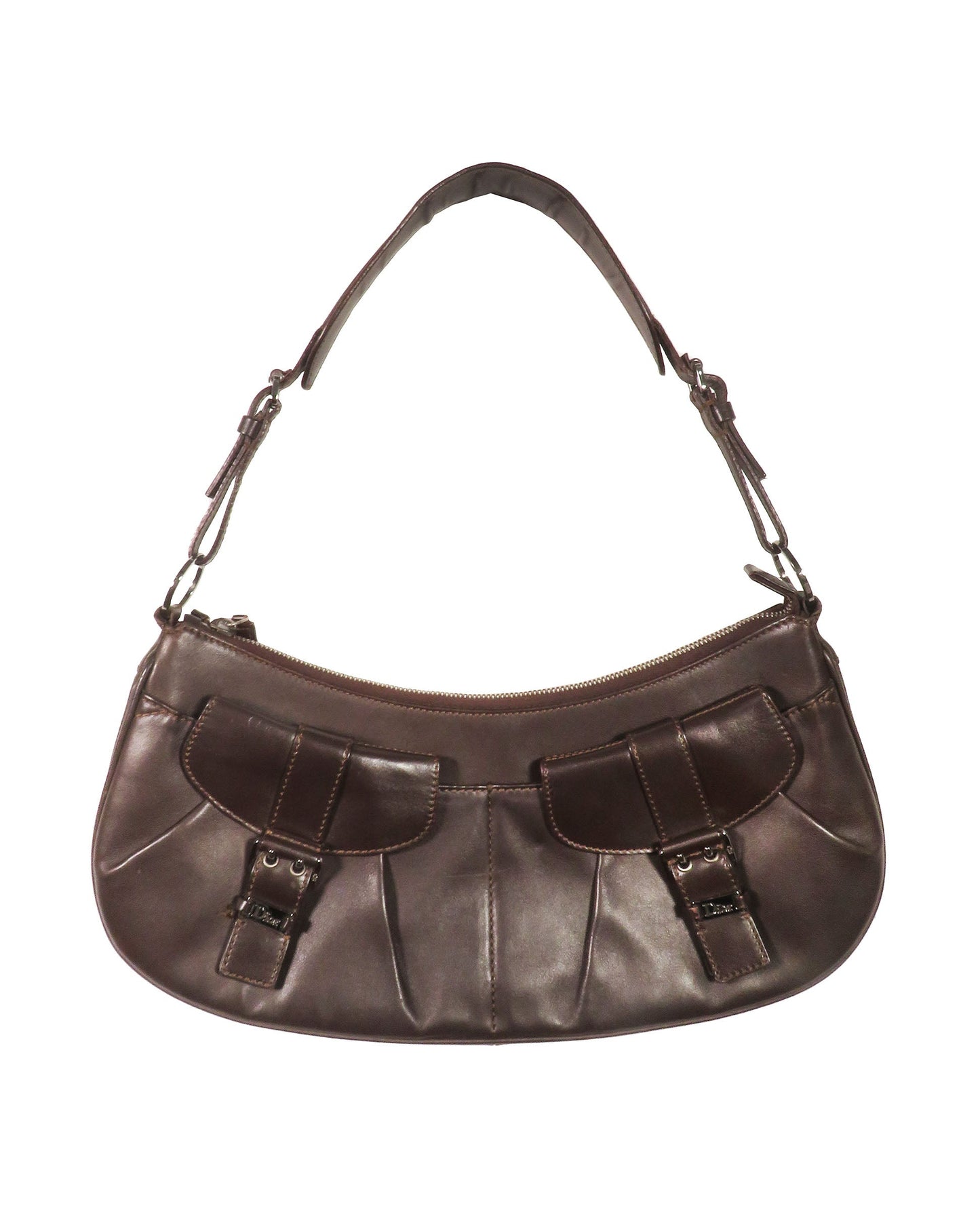 Brown handbag with buckle details on a white background