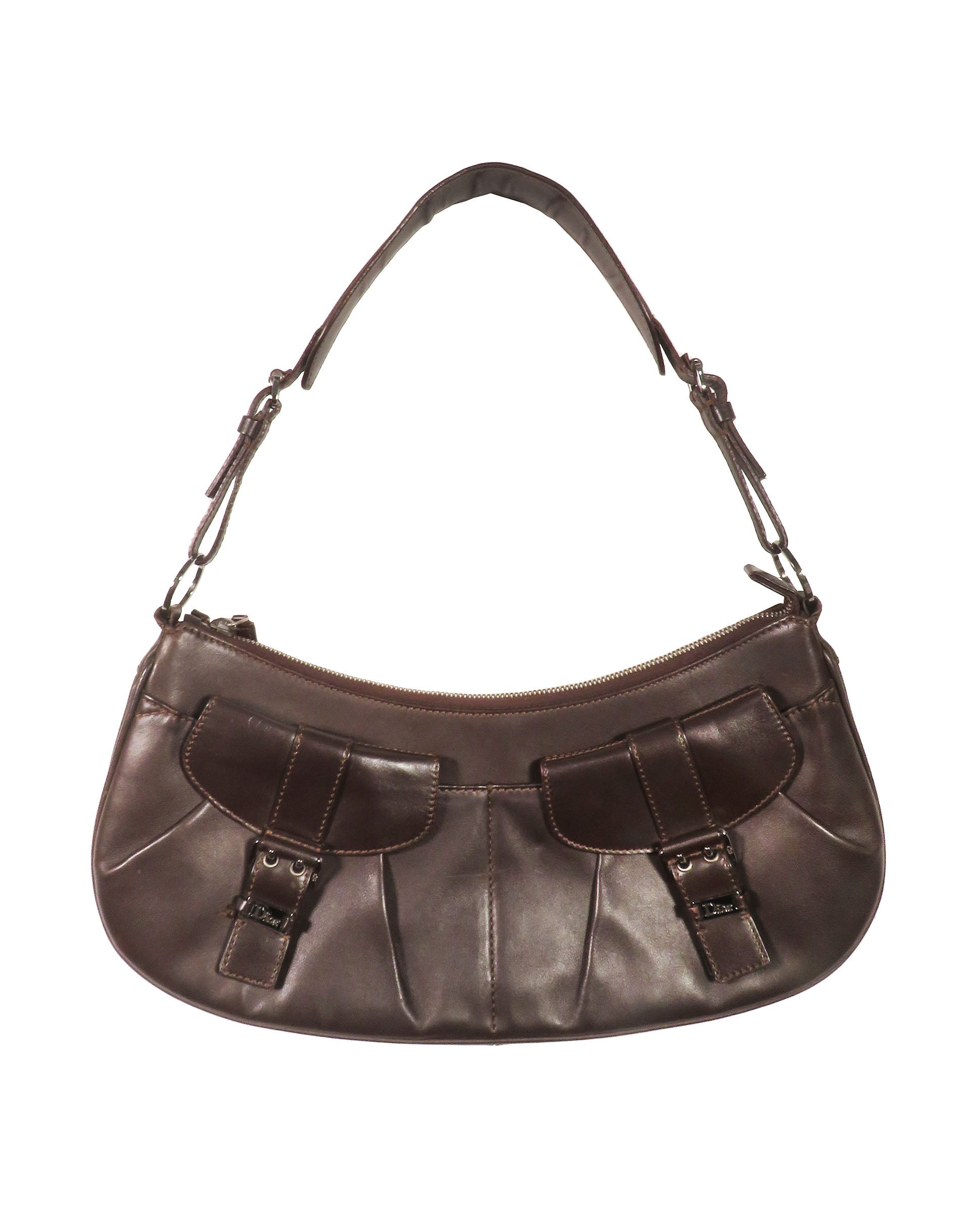 Brown handbag with buckle details on a white background