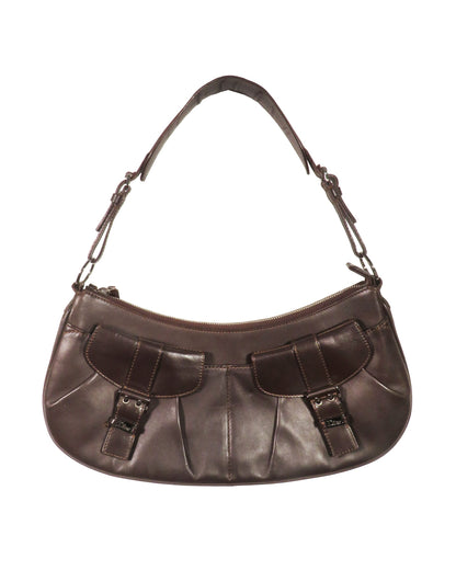 Brown handbag with buckle details on a white background