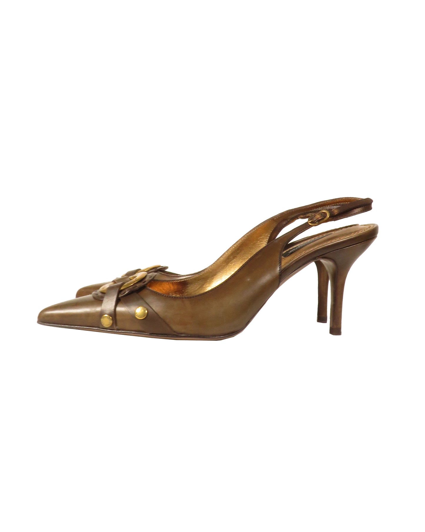 Bronze high-heeled shoe with decorative elements on a white background