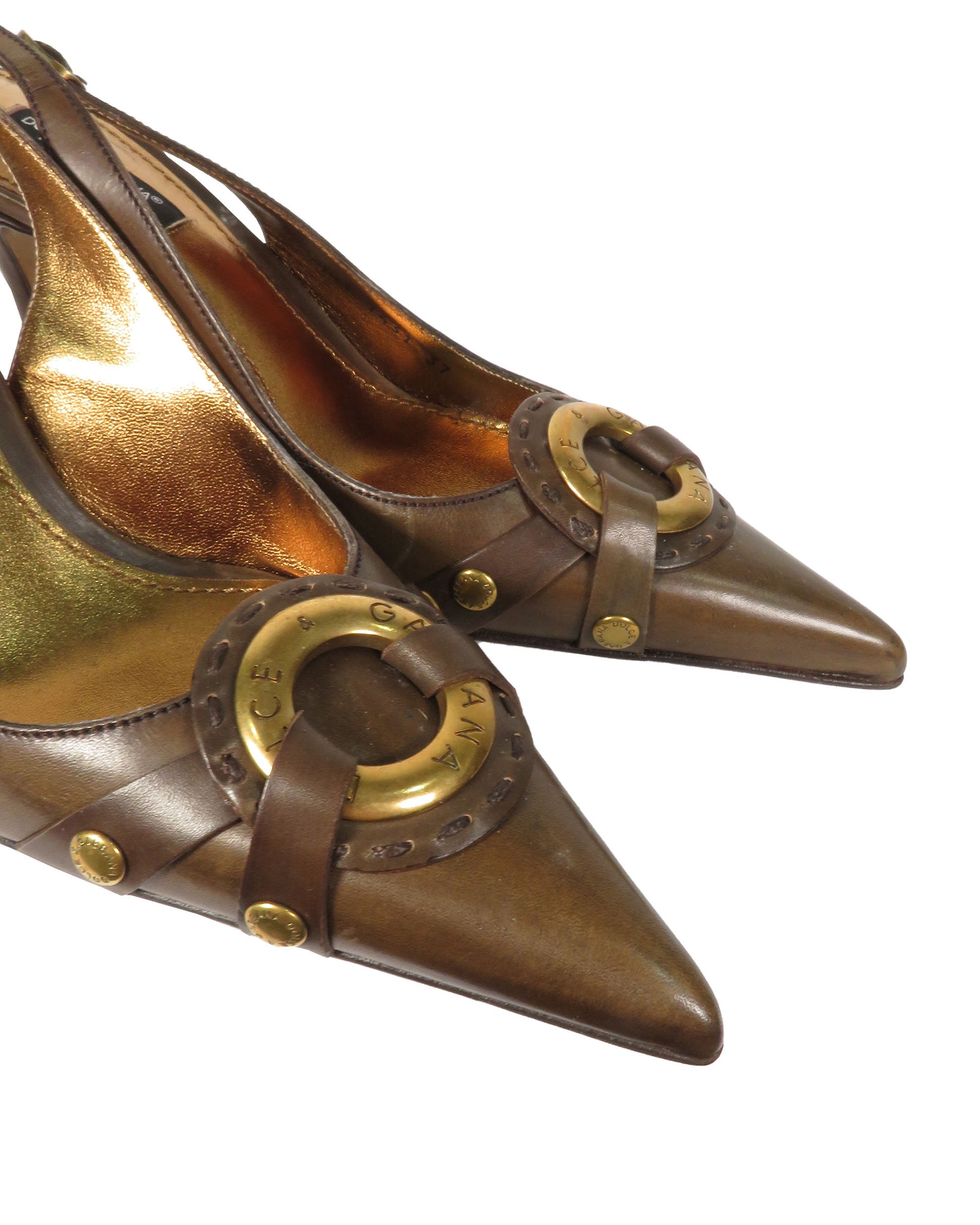 Pair of brown high-heeled shoes with gold accents on a white background