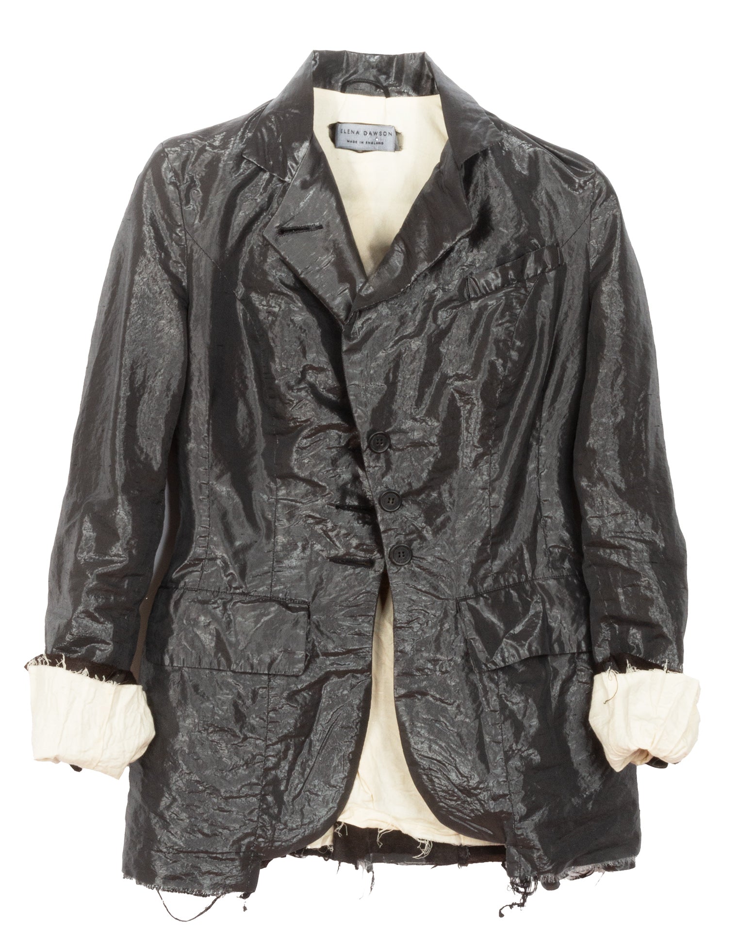 Dark patterned jacket on a mannequin with a white background