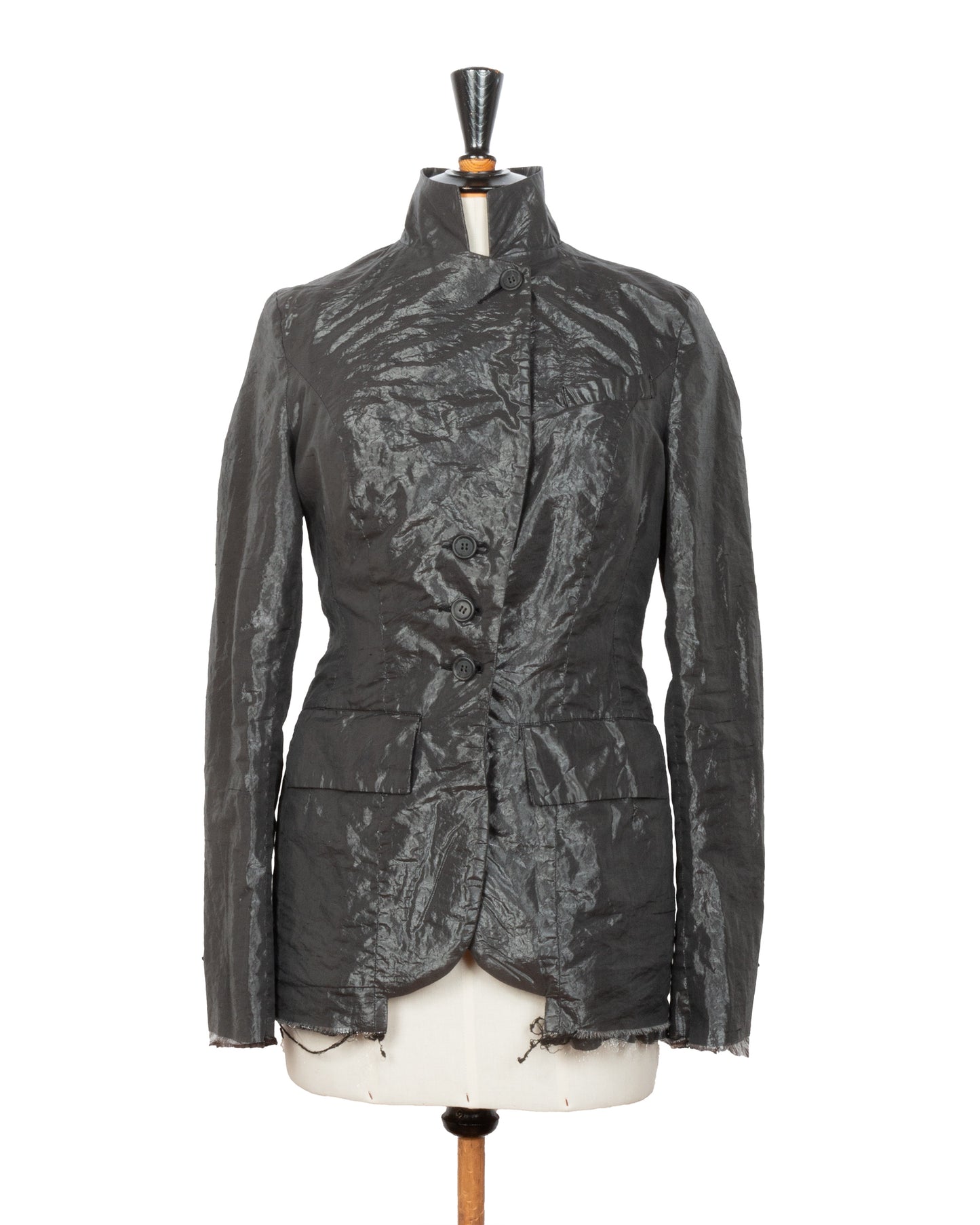 Dark gray textured jacket on a mannequin against a white background