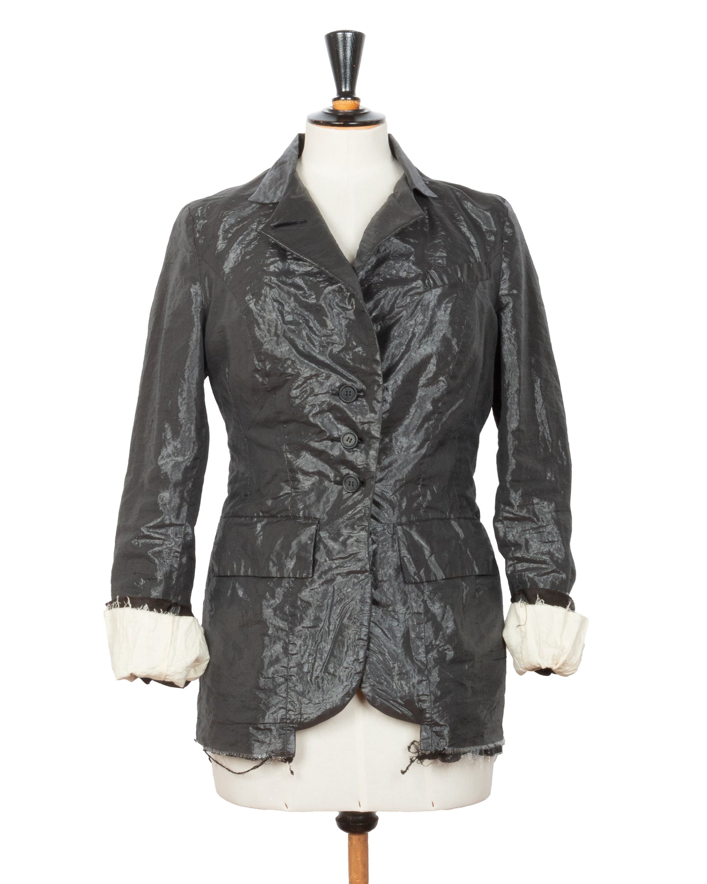 Dark gray textured jacket on a mannequin with a white background