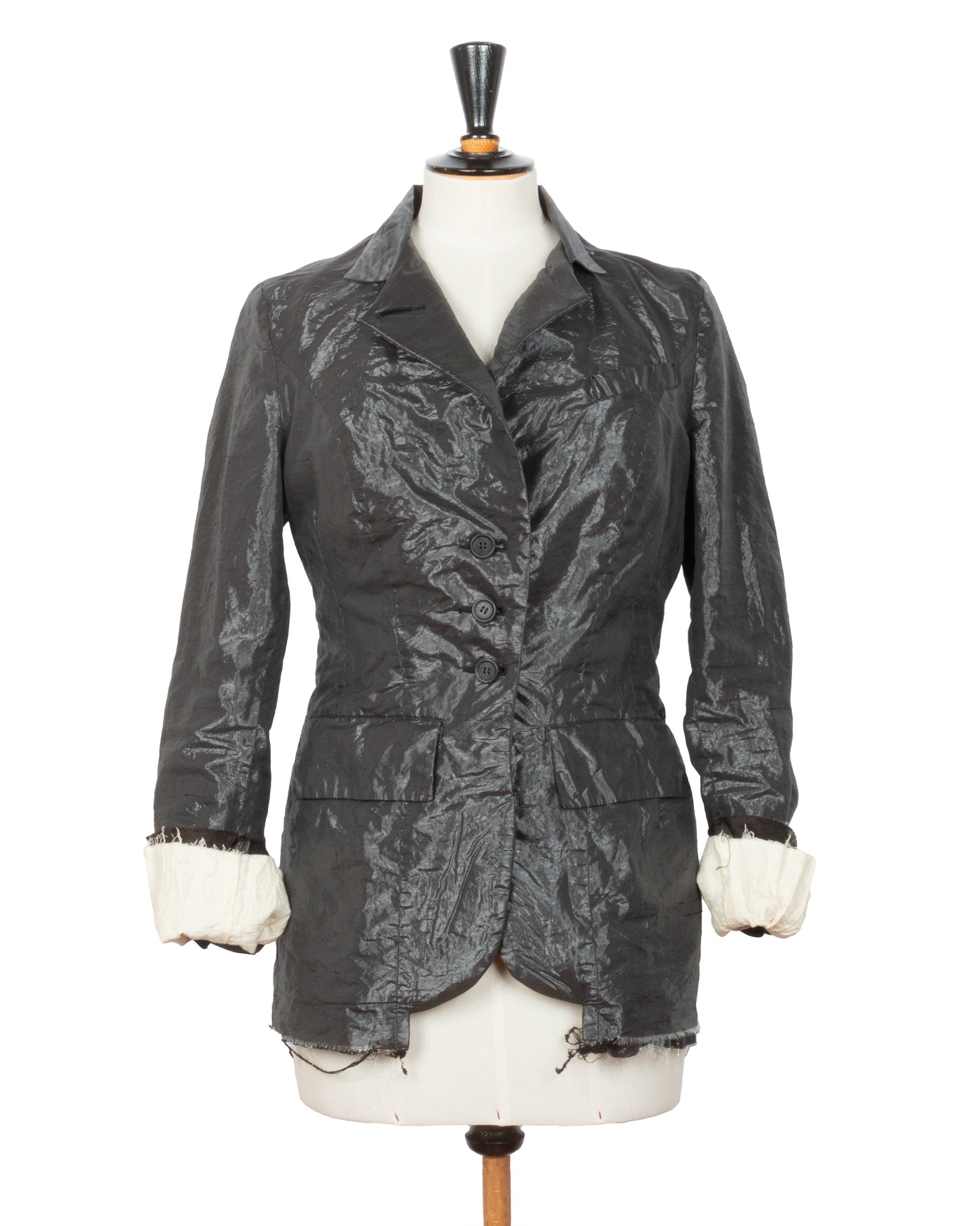 Dark gray textured jacket on a mannequin with a white background