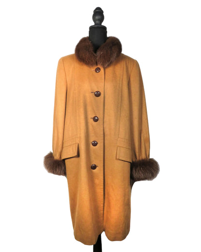 Brown coat with fur trim on a mannequin against a white background