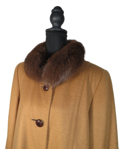 Brown coat with fur collar on a mannequin against a white background
