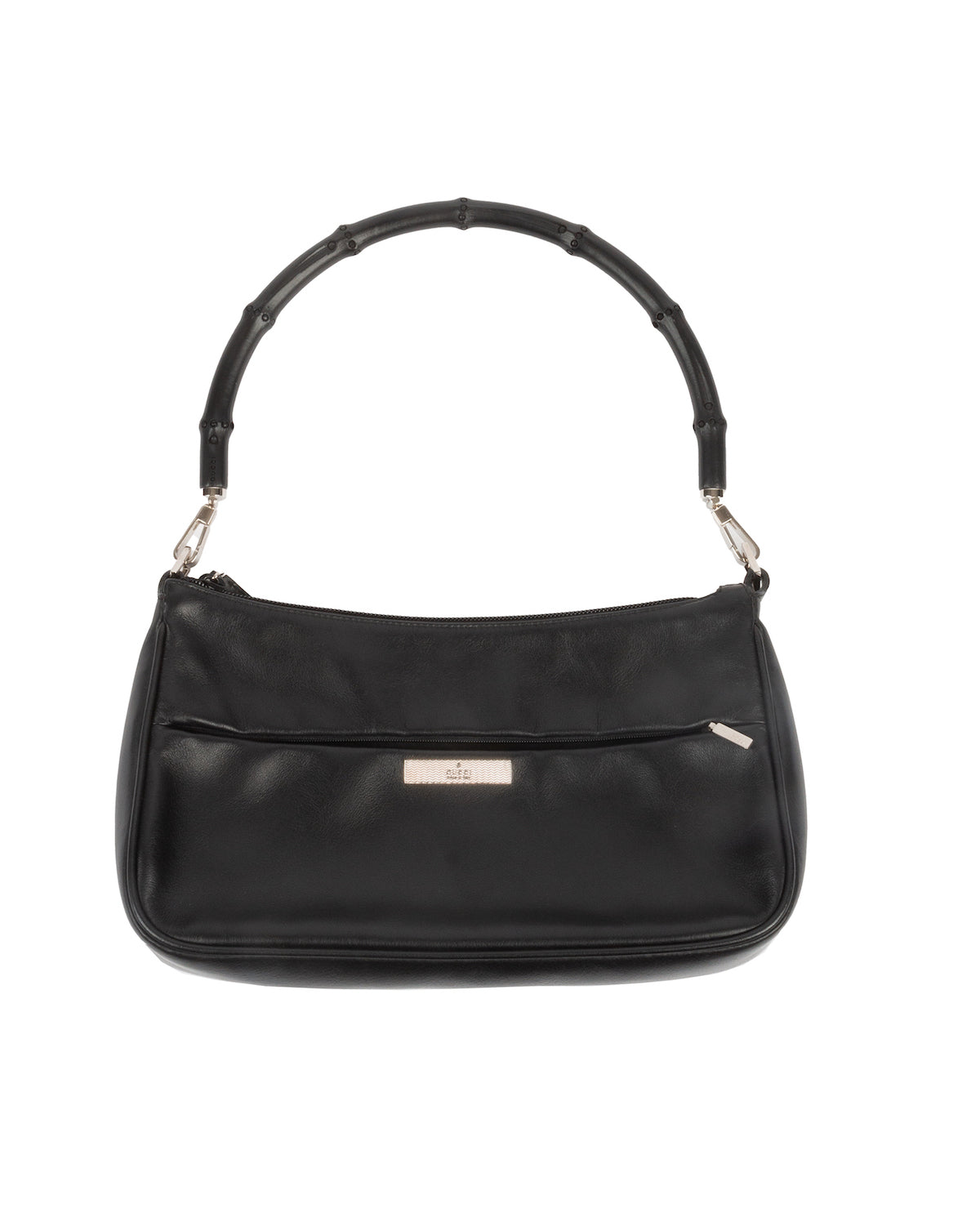 A black leather handbag with a bamboo handle and a silver-toned Gucci logo on the front. The bag has a zip-top closure and detachable bamboo handles.