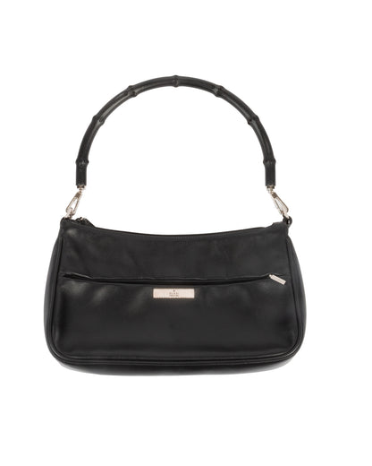 A black leather handbag with a bamboo handle and a silver-toned Gucci logo on the front. The bag has a zip-top closure and detachable bamboo handles.