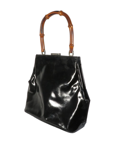 Gucci Black Patent Leather Bamboo Top Handle Bag