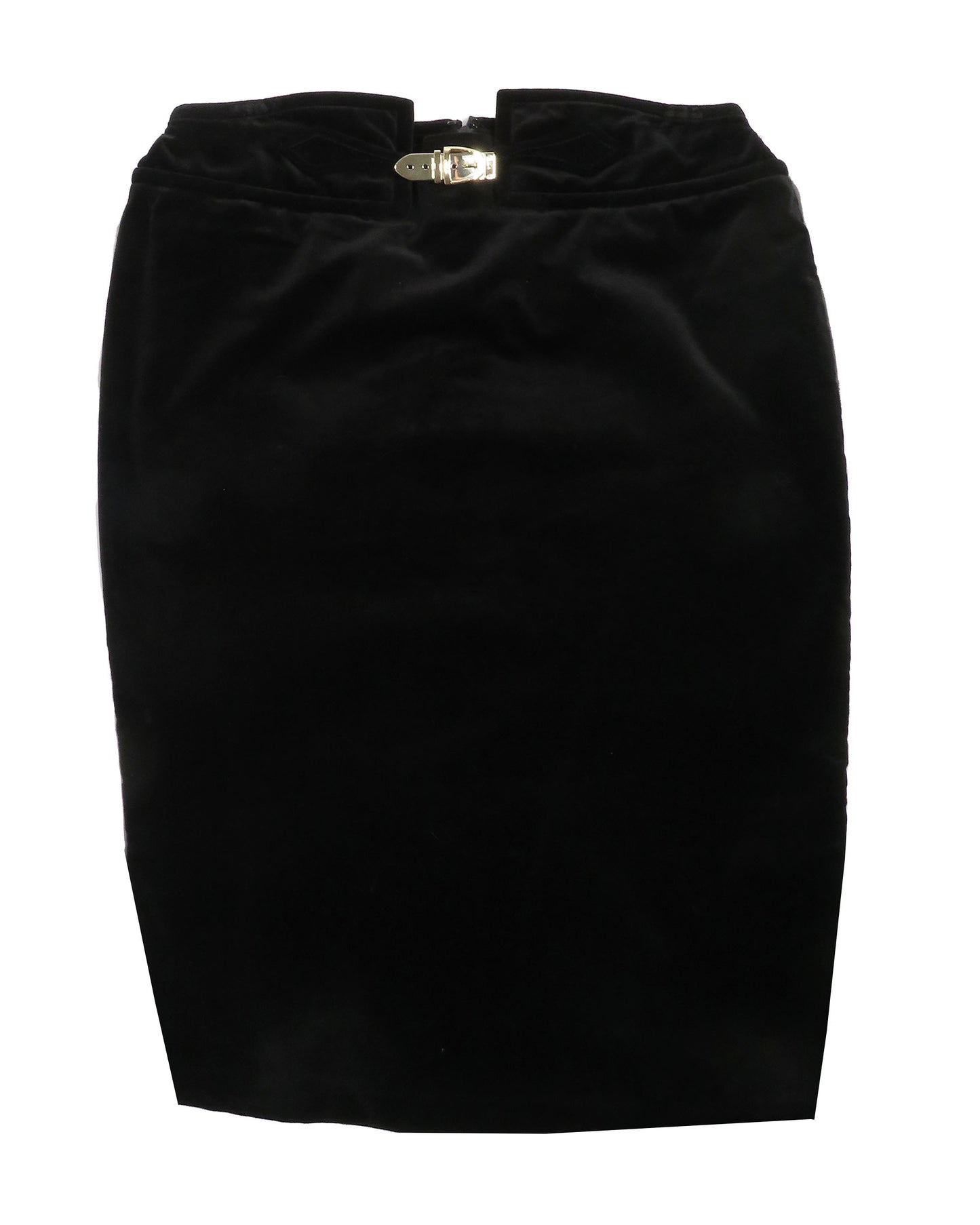 Black pencil skirt with a gold buckle on a white background