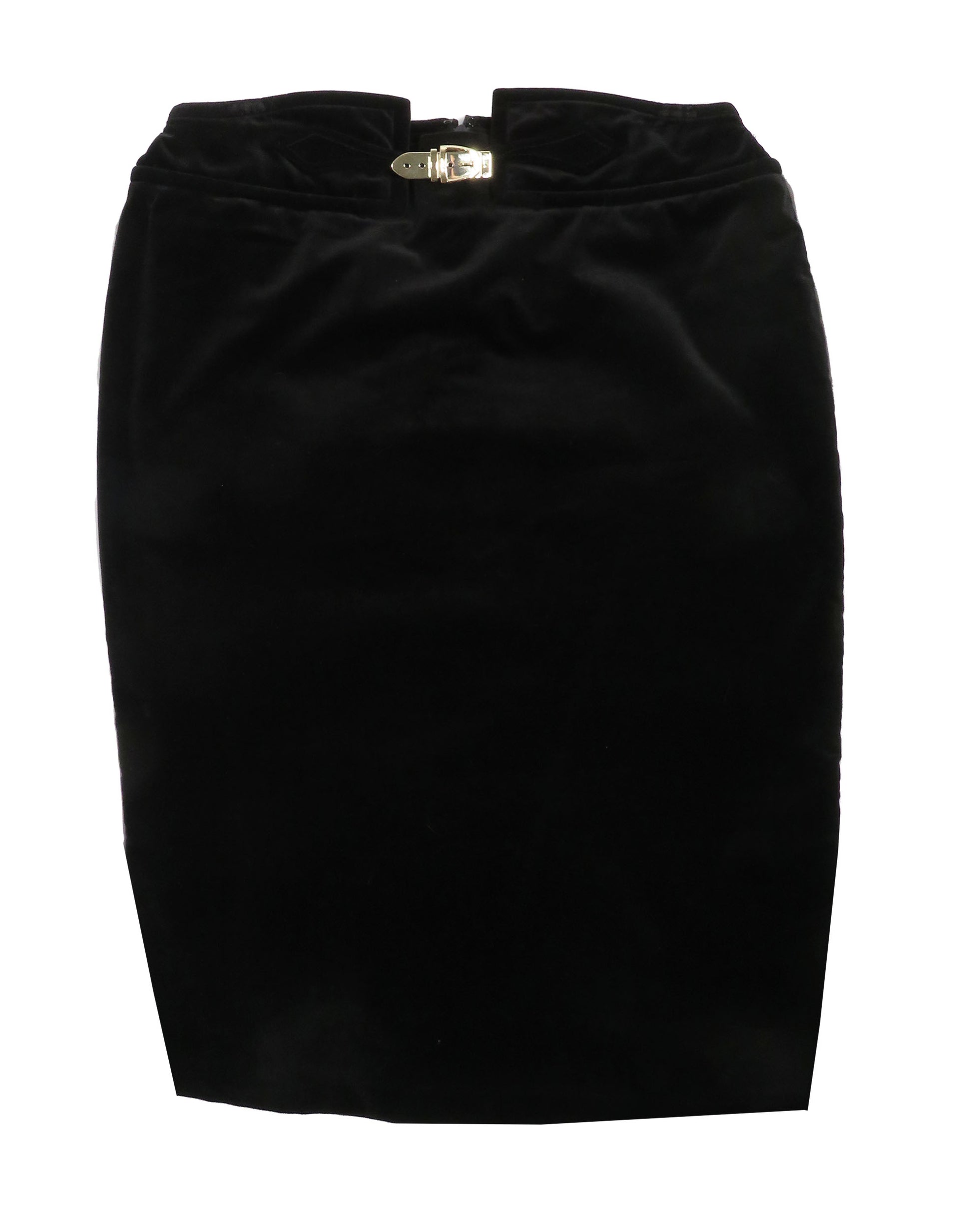 Black pencil skirt with a gold buckle on a white background