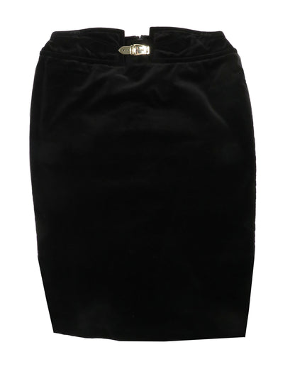 Black pencil skirt with a gold buckle on a white background