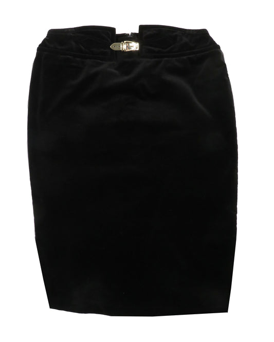 Black pencil skirt with a gold buckle on a white background
