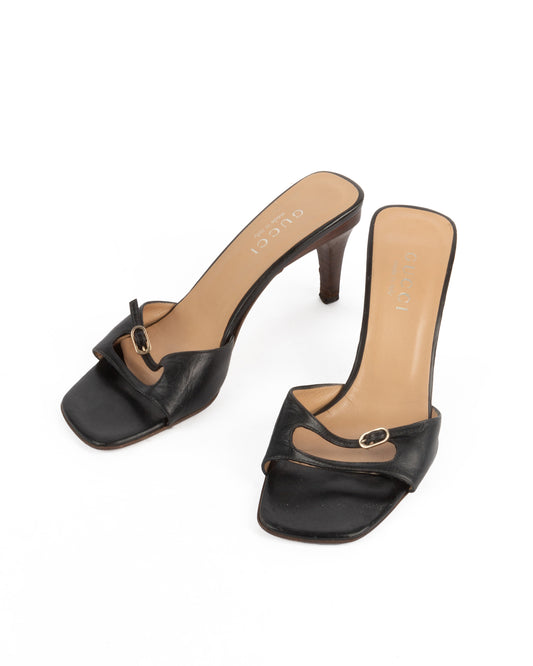 Gucci Early 2000s Black Leather Strap Mules - vothe archive - curated designer vintage

