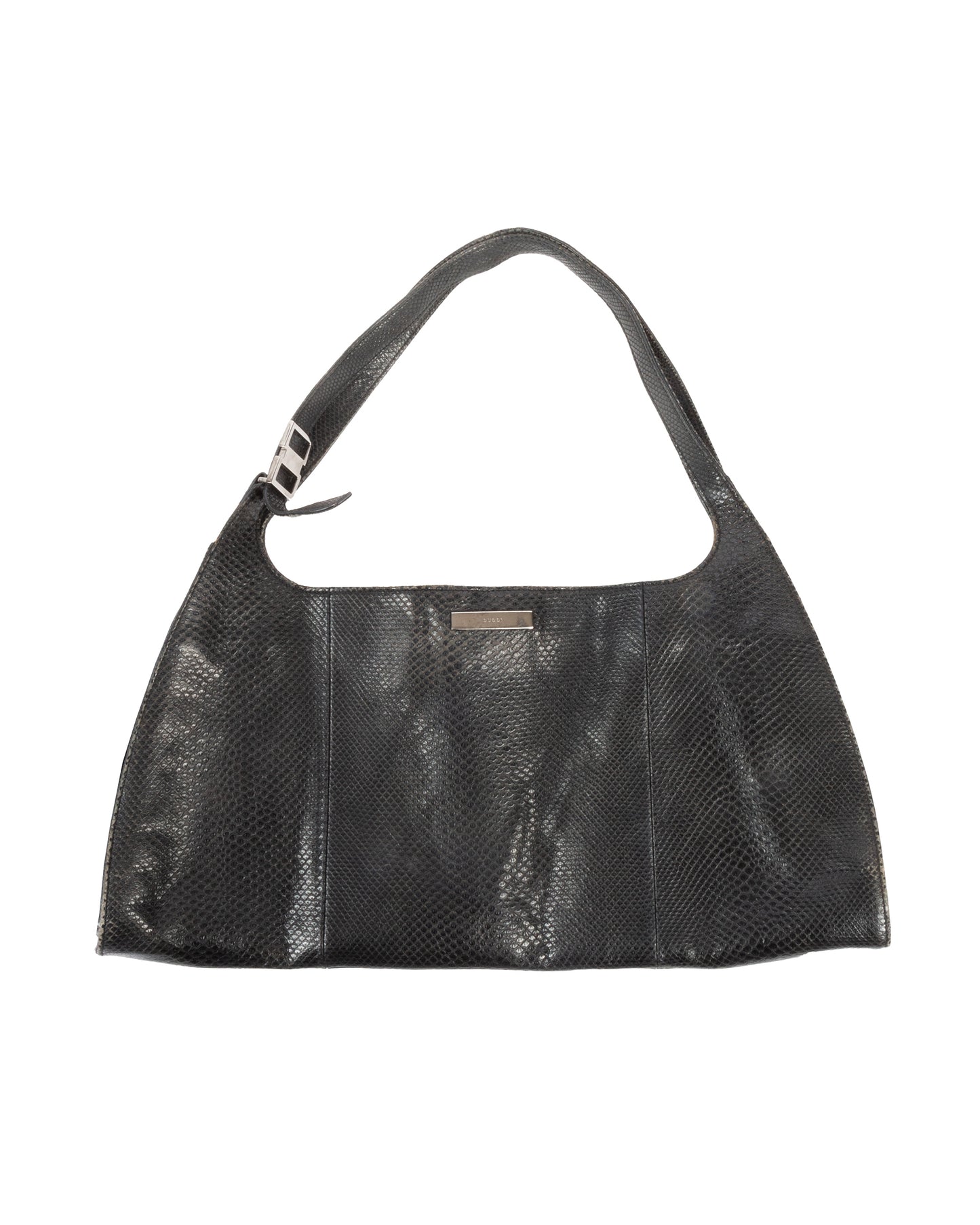 A black python leather shoulder bag with a silver-tone Gucci logo plaque, an adjustable shoulder strap, and a magnetic snap closure.