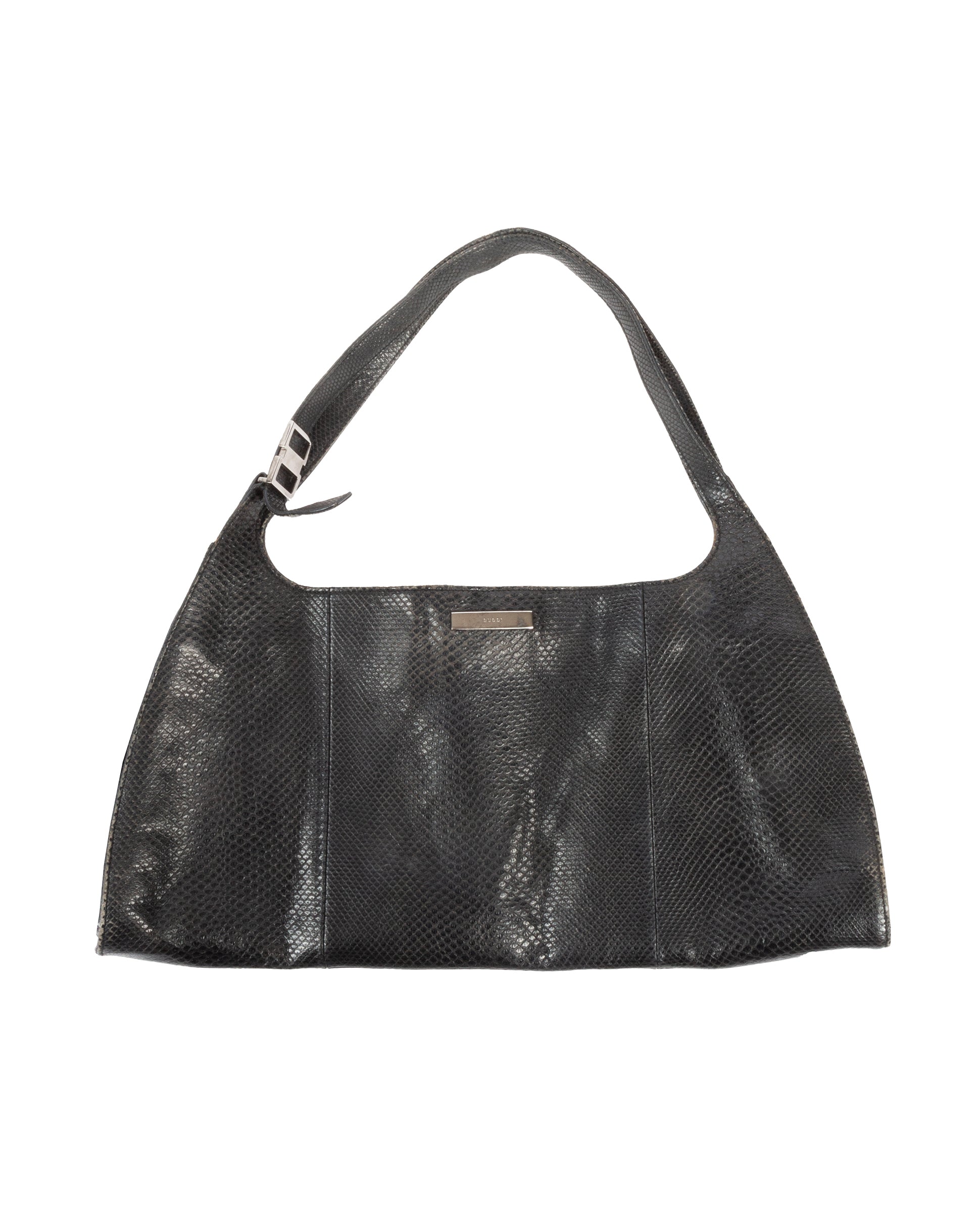 A black python leather shoulder bag with a silver-tone Gucci logo plaque, an adjustable shoulder strap, and a magnetic snap closure.