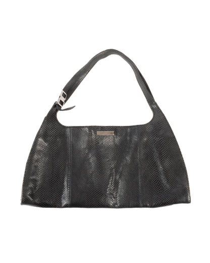 A black python leather shoulder bag with a silver-tone Gucci logo plaque, an adjustable shoulder strap, and a magnetic snap closure.