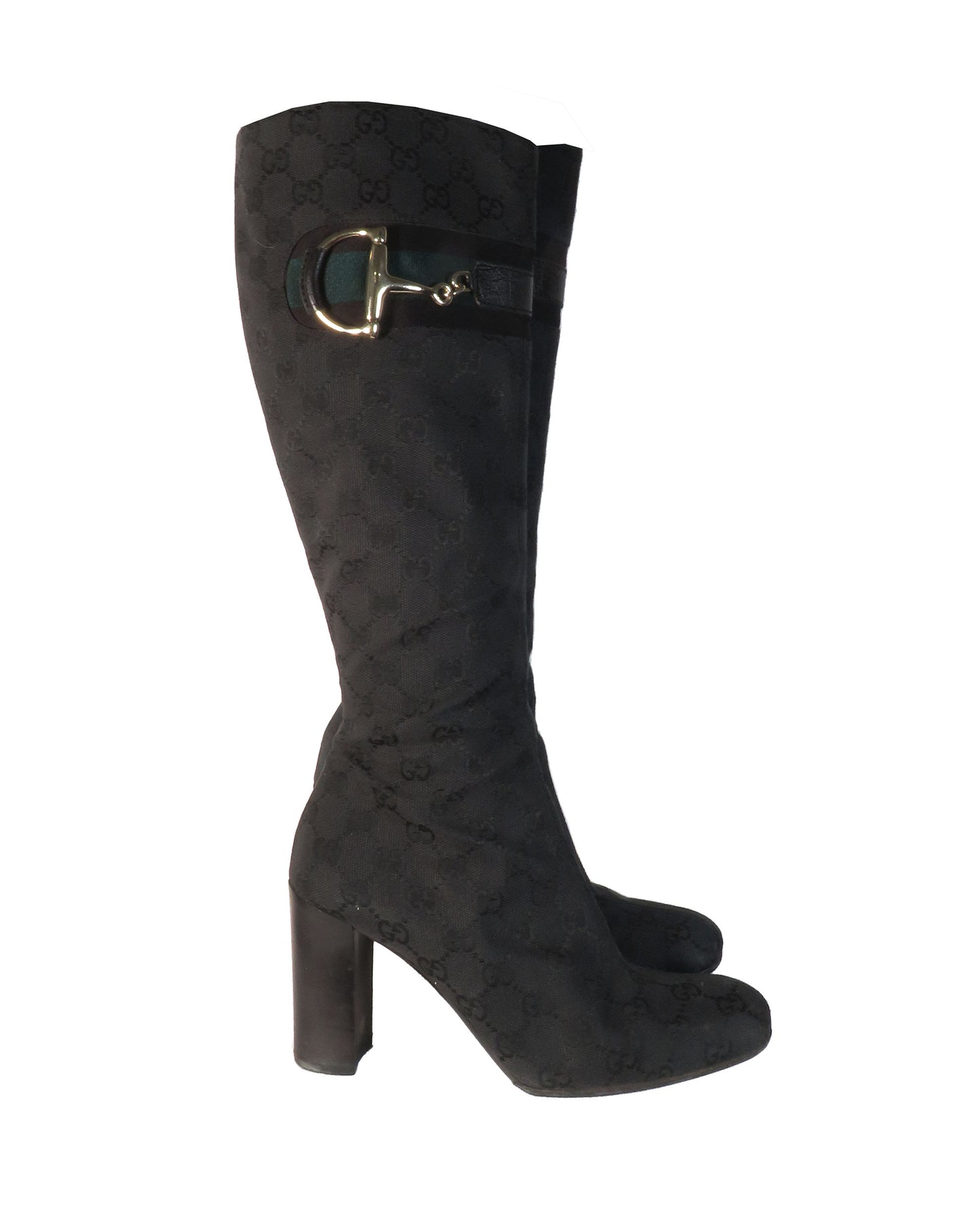 Black knee-high boot with gold buckle on a white background