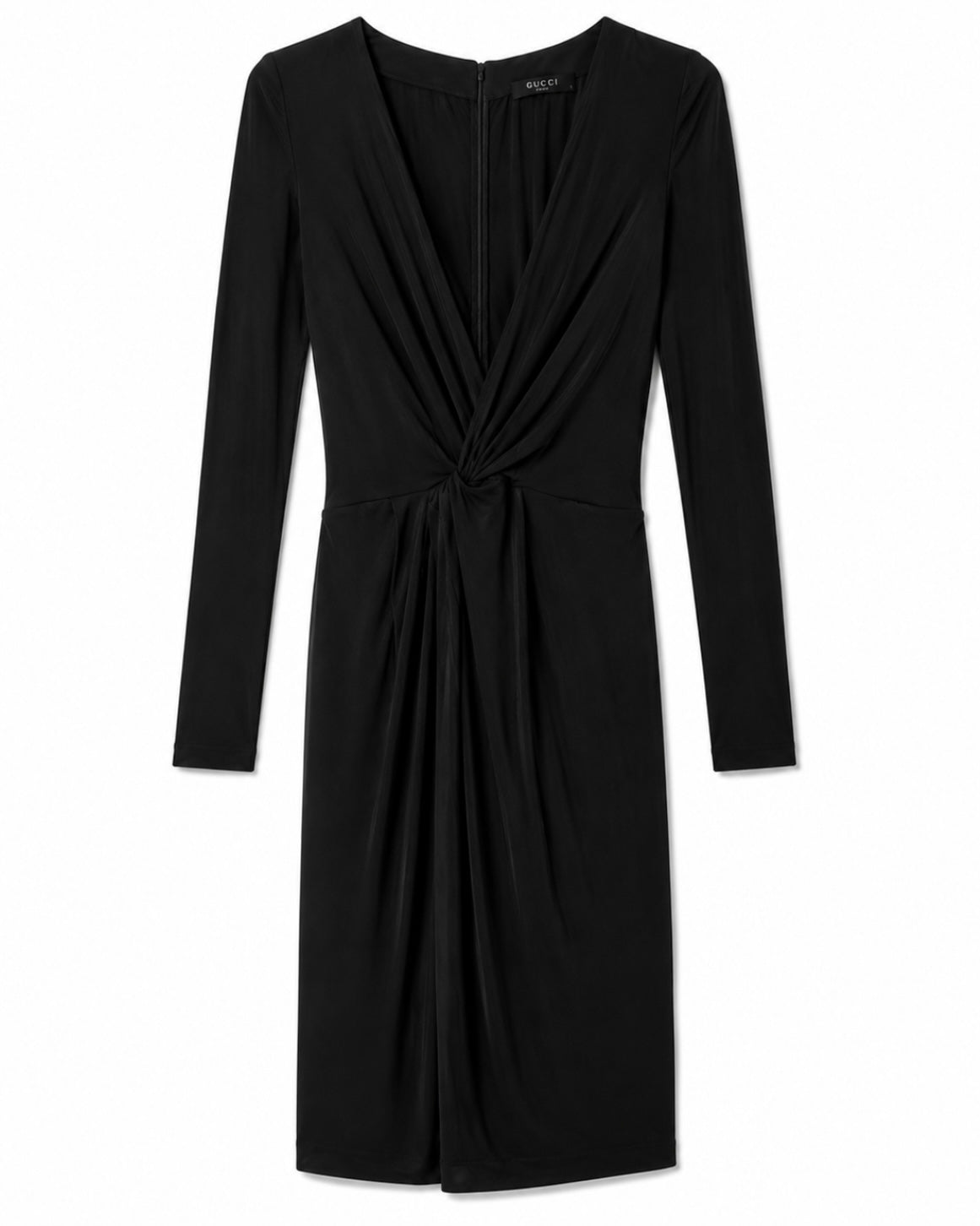Black dress with a knot detail on a white background