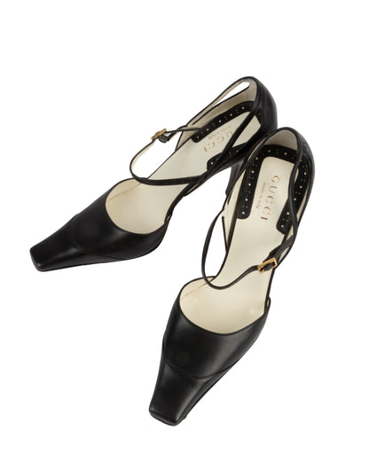 Black Leather Cut-Out Mary Jane Heels