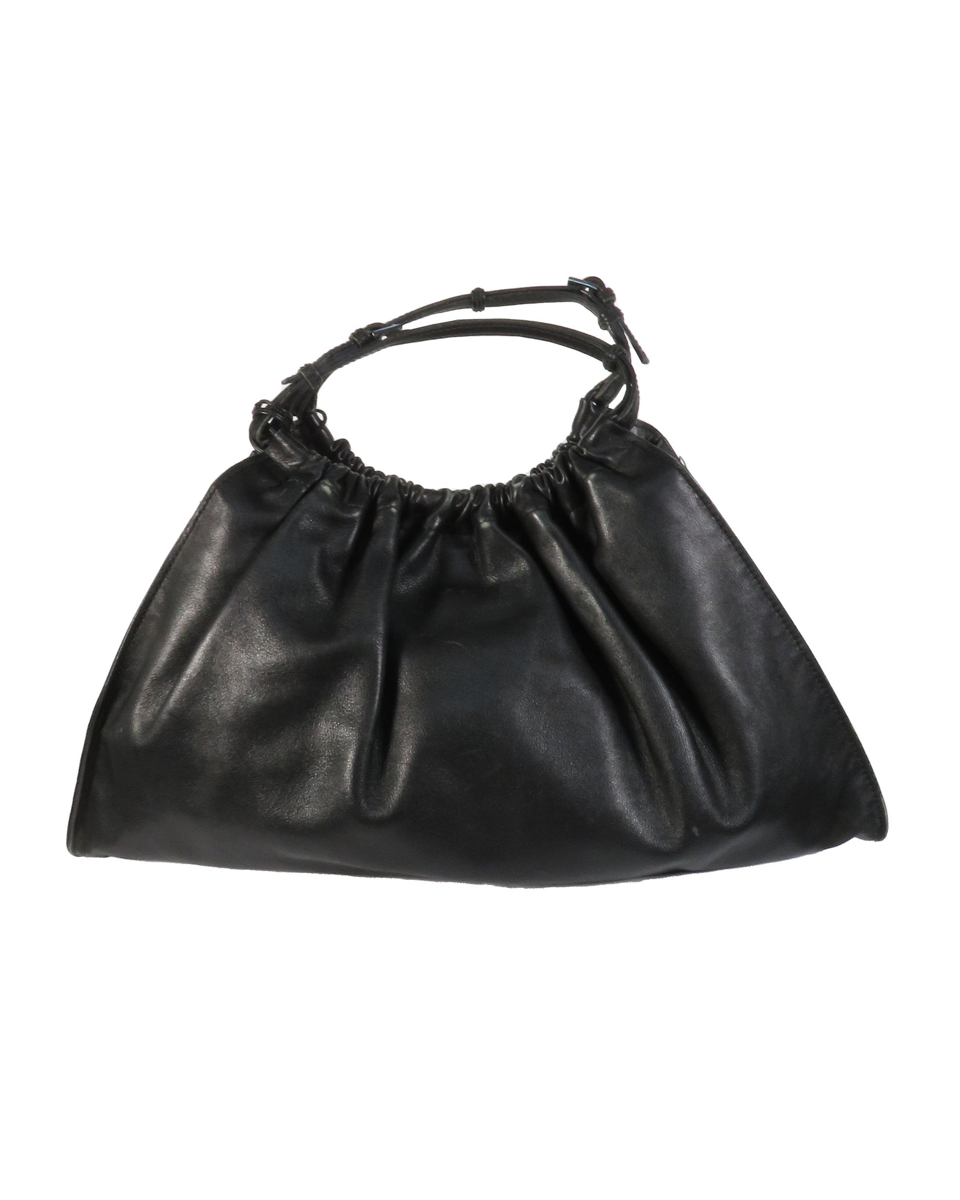 Black leather handbag on a white background