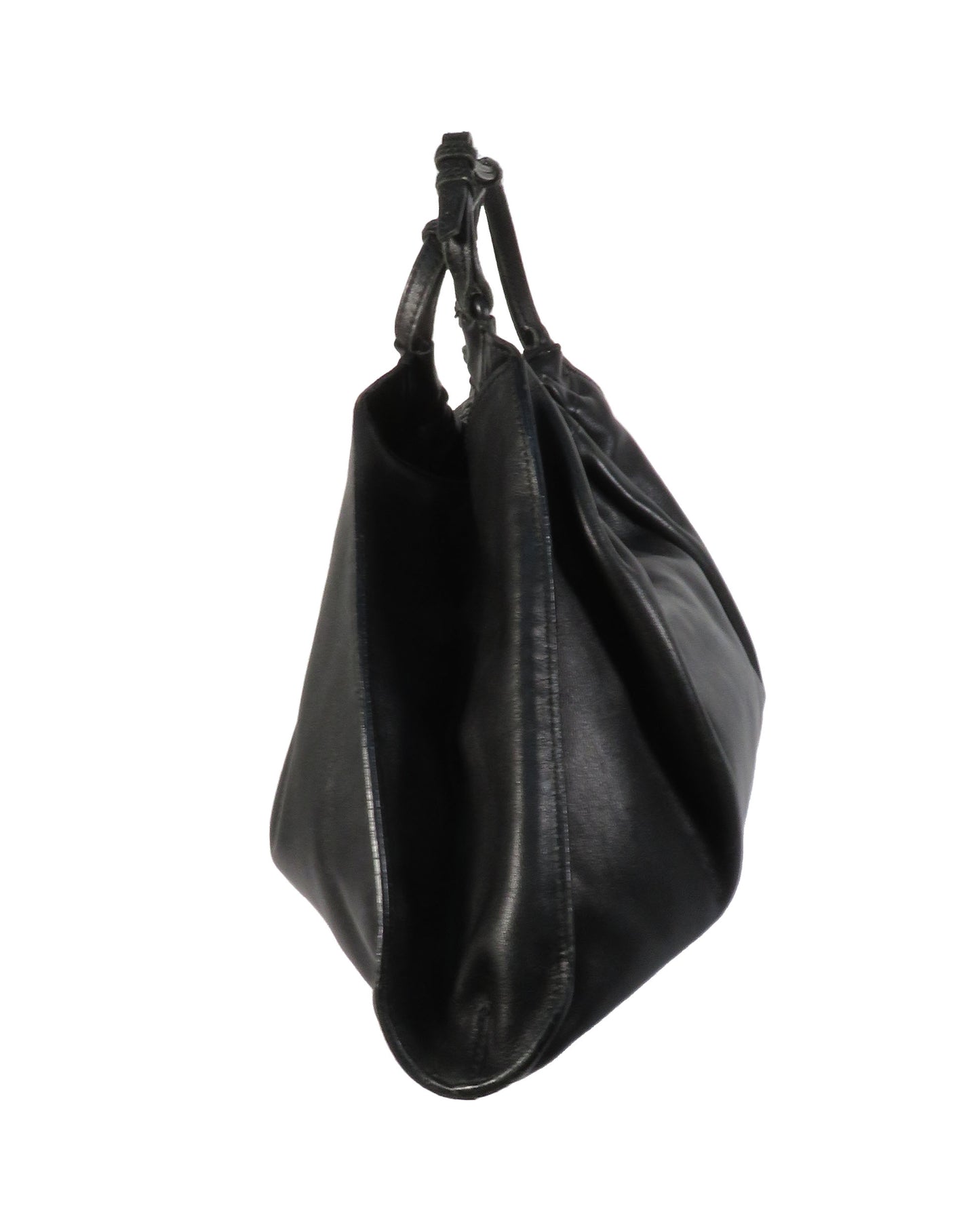 Black leather handbag on a white background