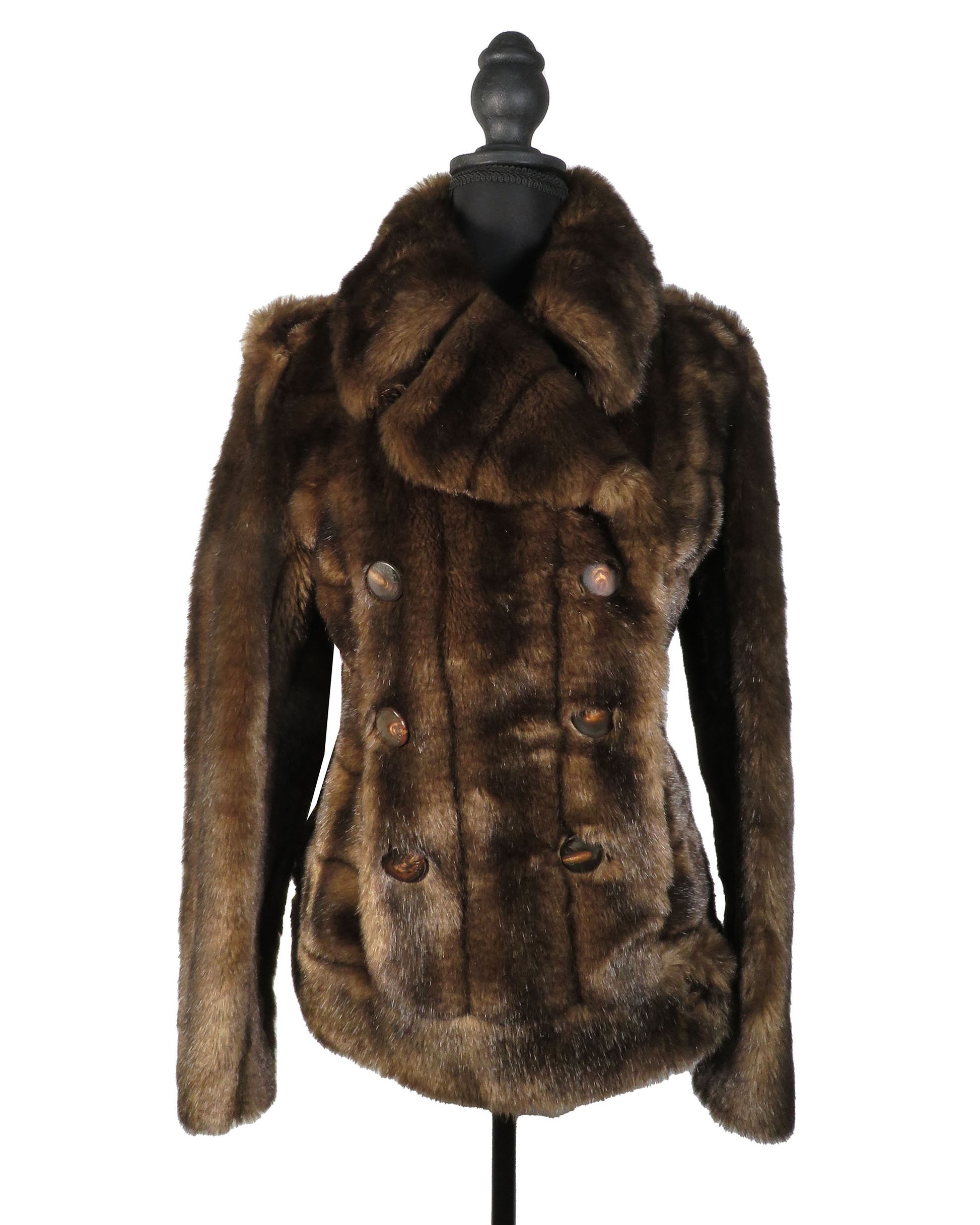 Brown fur jacket on a mannequin against a white background