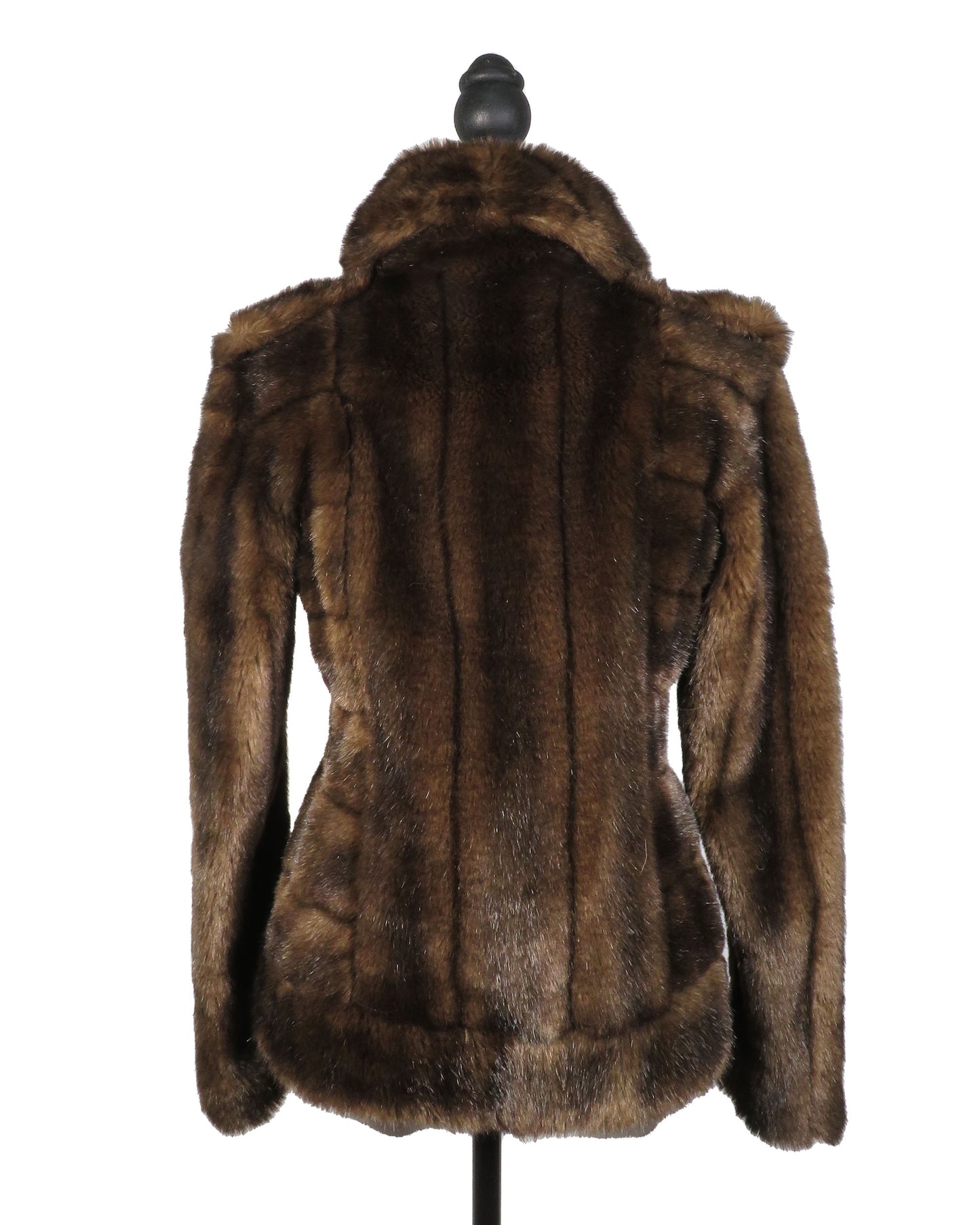 Brown fur jacket on a mannequin against a white background