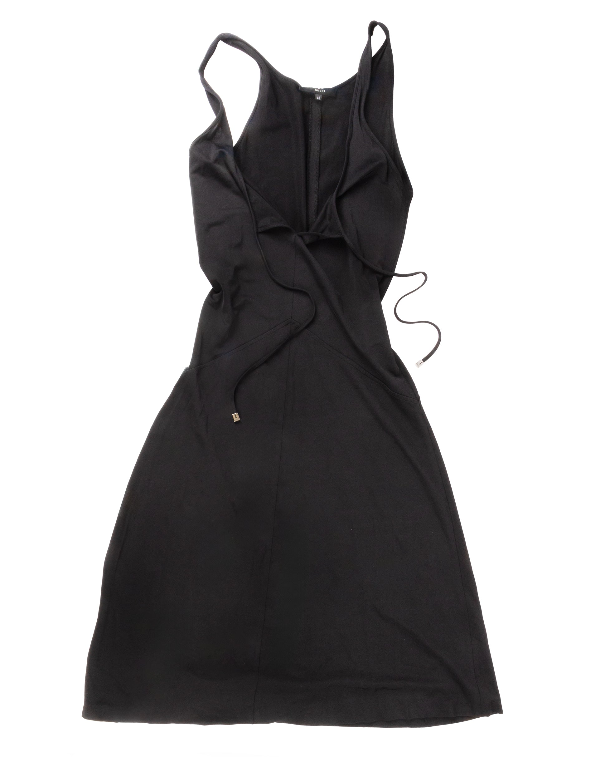 Black viscose-blend midi dress with a fitted bodice and flared hem, featuring a deep scoop neckline with thin drawstrings and silver-tone metal tips.