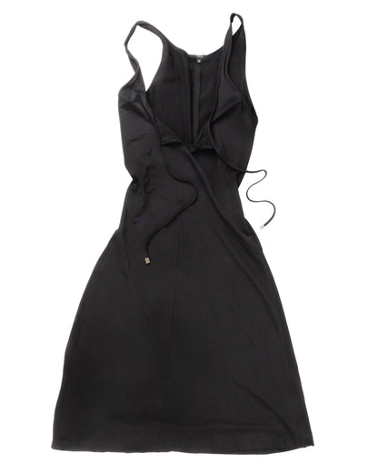 Black viscose-blend midi dress with a fitted bodice and flared hem, featuring a deep scoop neckline with thin drawstrings and silver-tone metal tips.