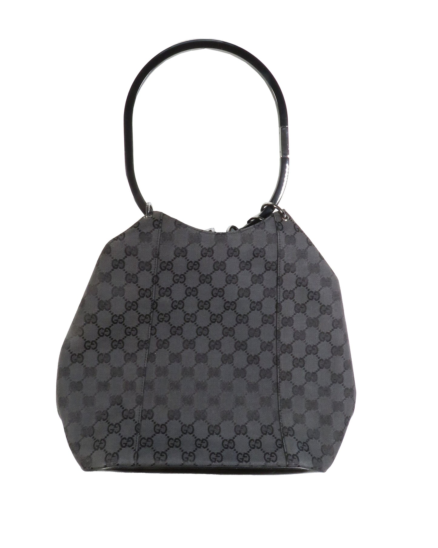 Gray checkered handbag with black handle on a white background