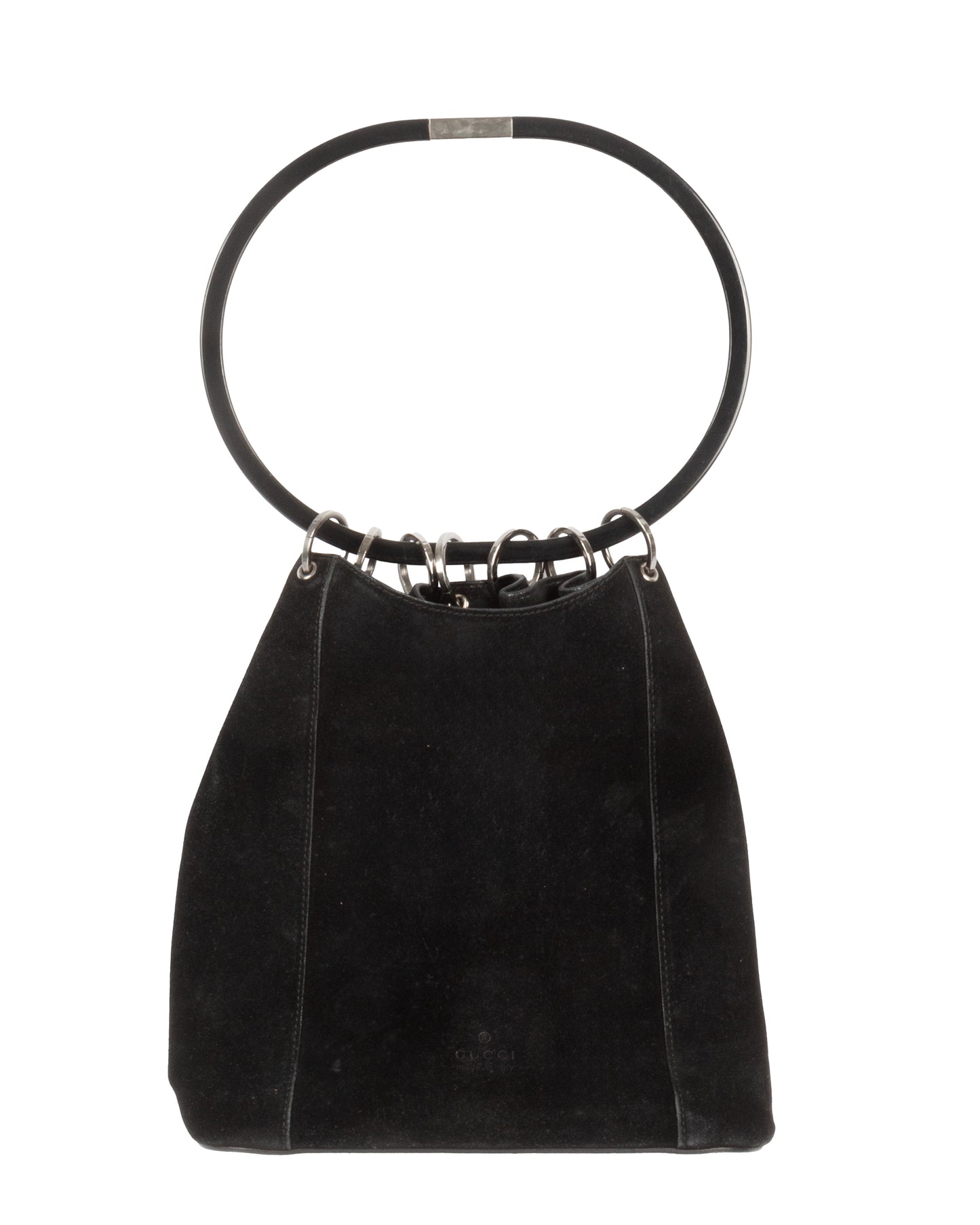 Black suede handbag with oversized black resin ring handle and silver-tone metal rings, with a gathered drape effect. Gucci logo visible on the lower front.