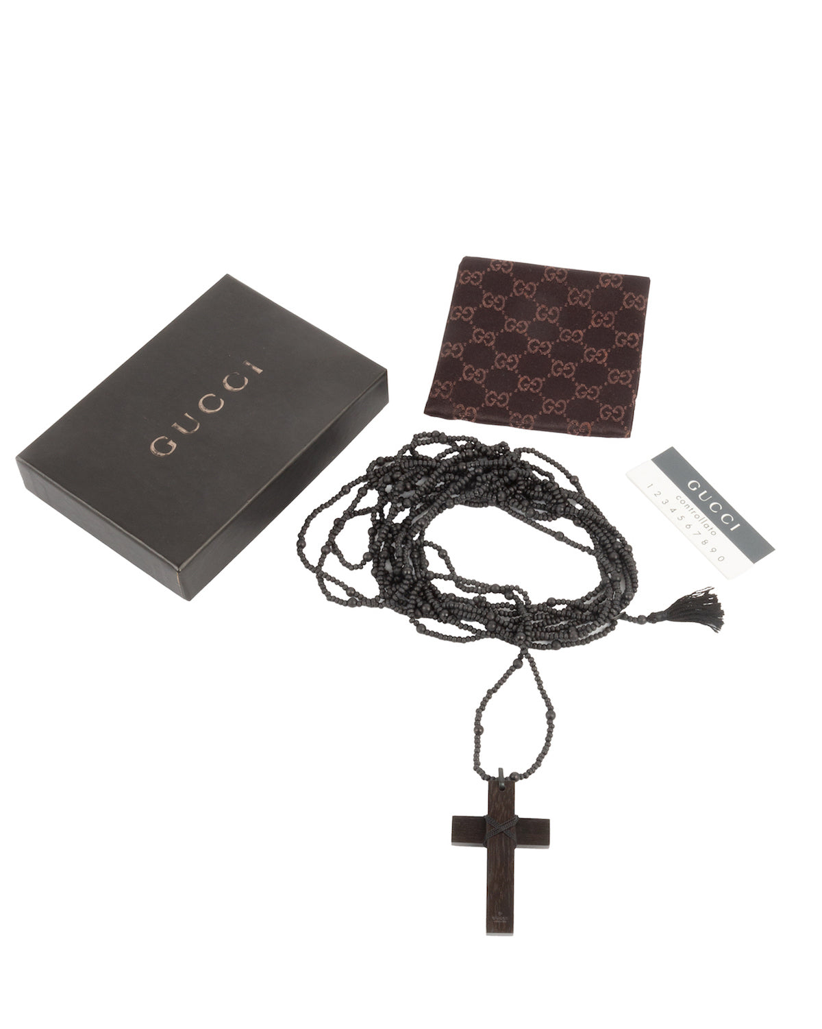 Gucci by Tom Ford FW2002 Ebony Bead Cross Necklace - vothe archive - curated designer vintage
