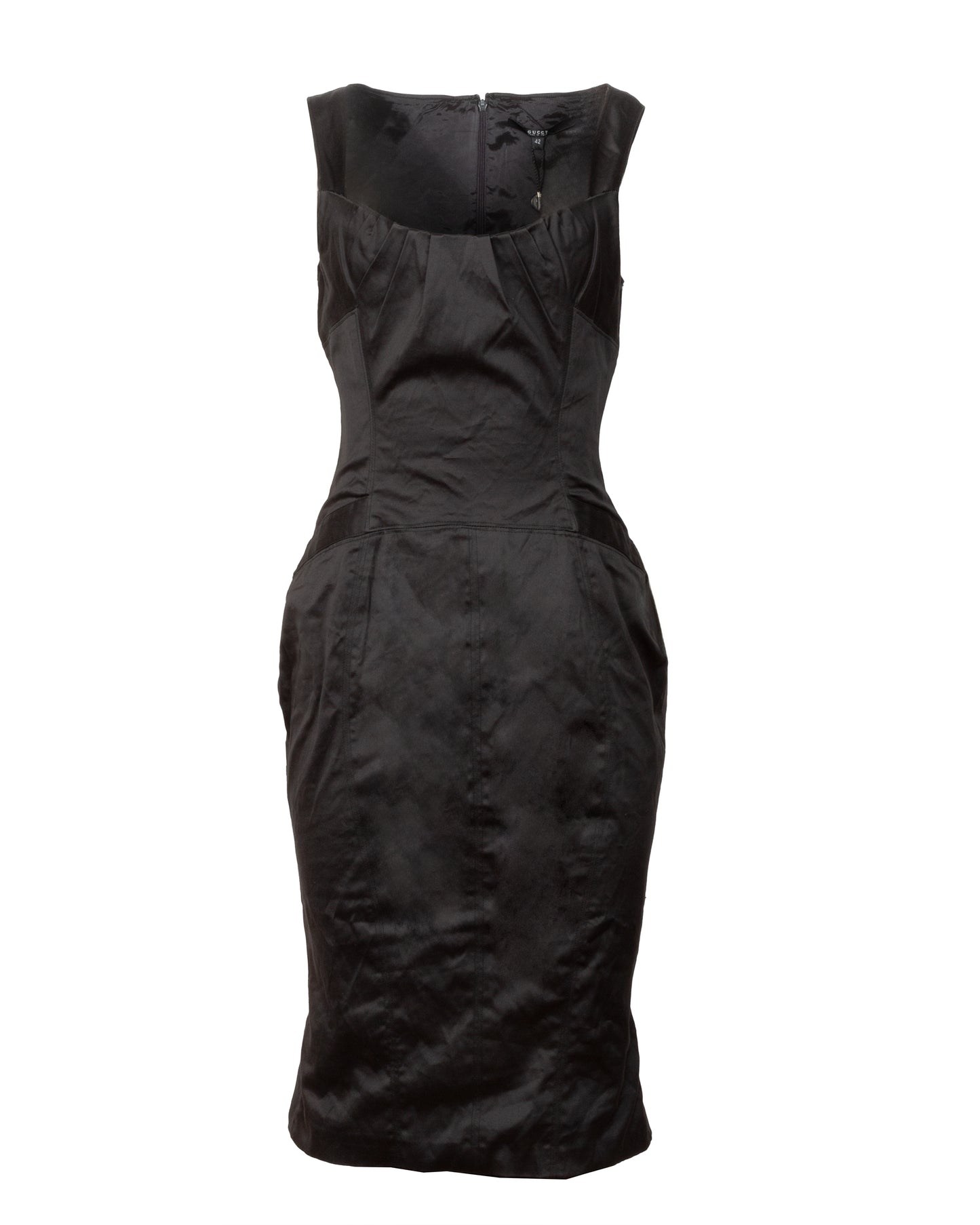 Black satin dress with a square neckline, paneled bodice, darted bust, sharply cinched waist, and gold-tone buckle detail on the hips. The dress has a back zip closure and appears to be made of cotton-elastane blend.