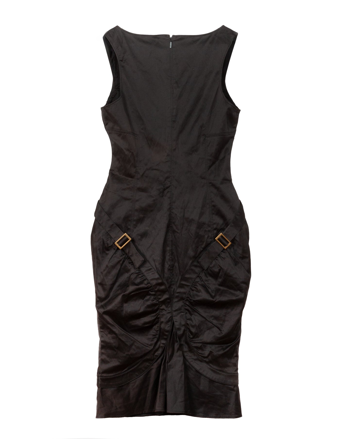 Black dress with gold accents on a white background