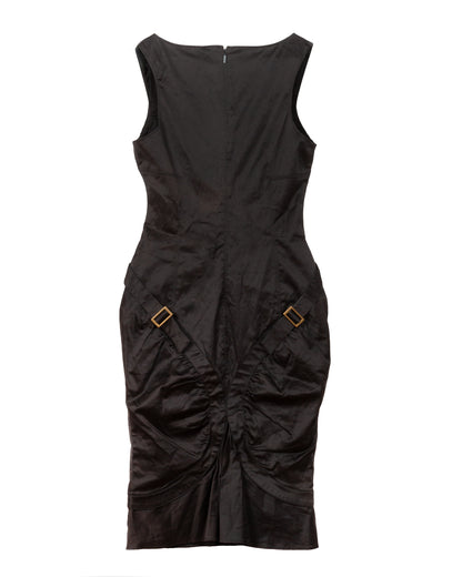Black dress with gold accents on a white background