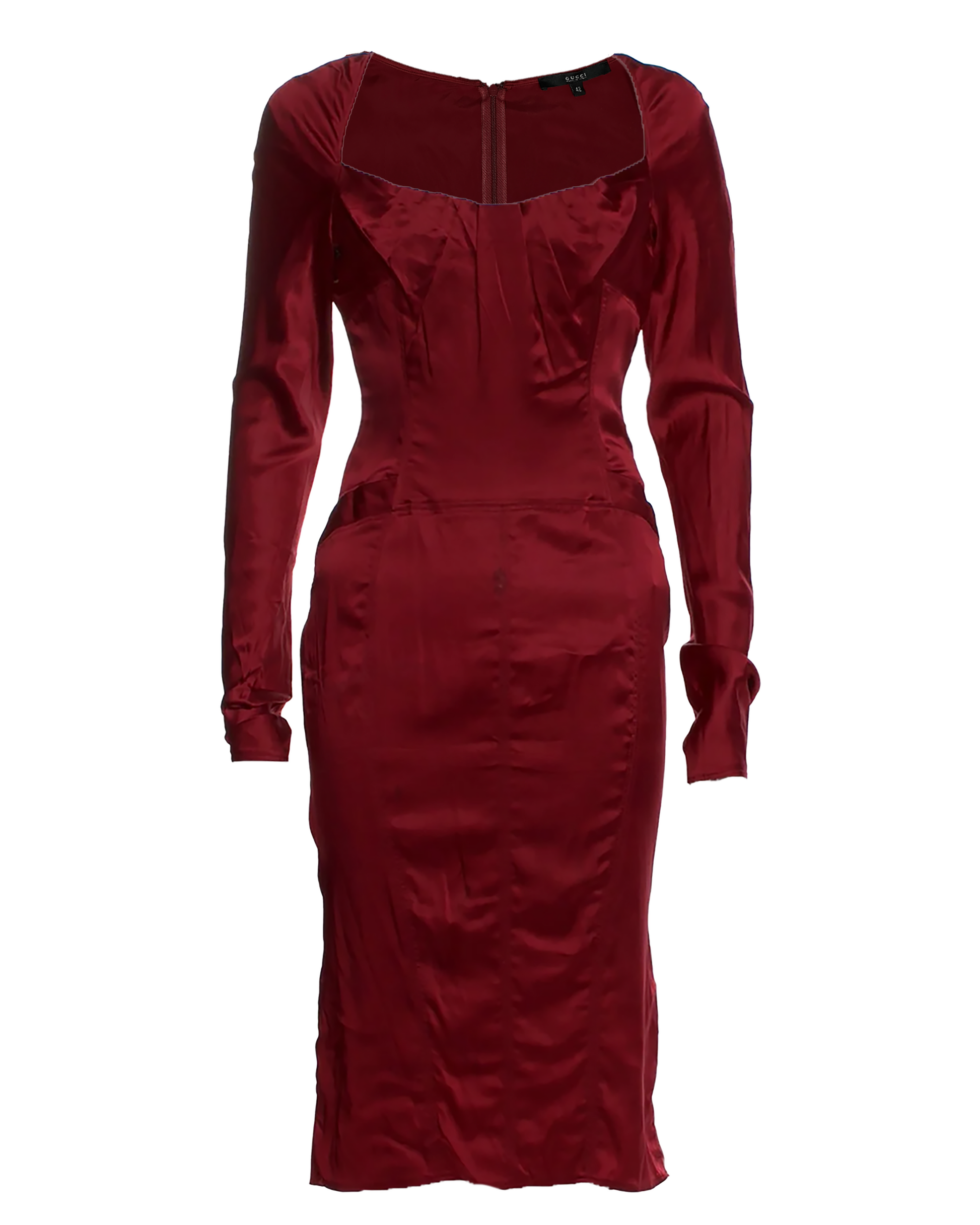 Red dress with long sleeves on a white background Gucci by Tom Ford FW2003 Dark Red Silk Dress - vothe archive - curated designer vintage 