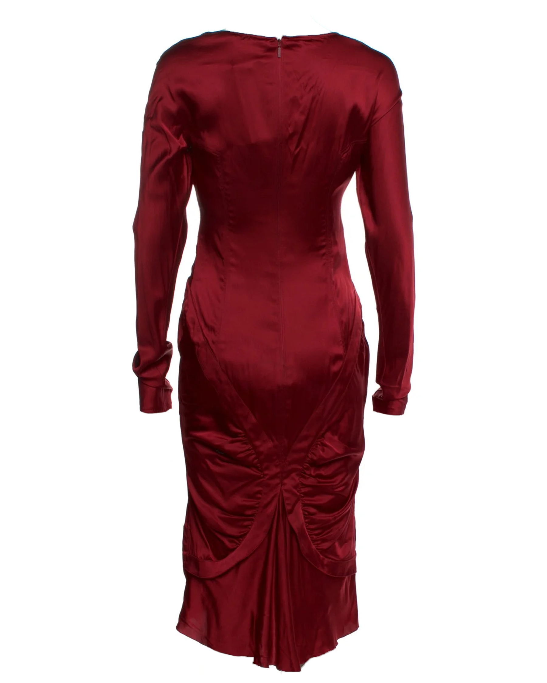 Red satin dress with long sleeves on a white background